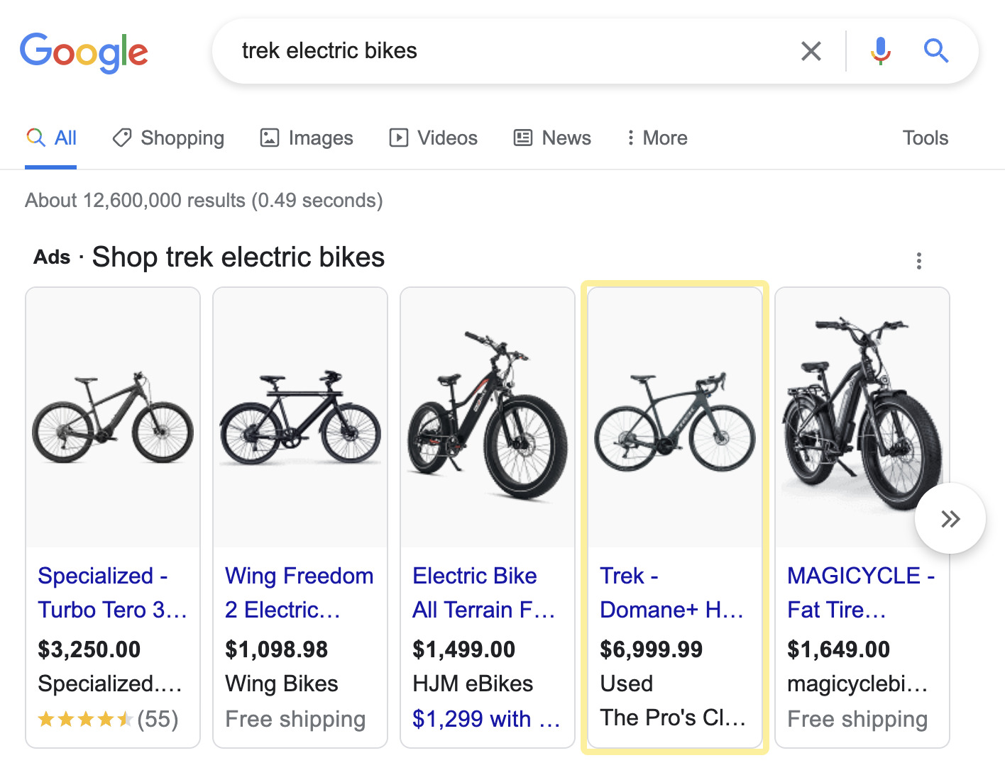Ads on Google SERP for "trek electric bikes" 