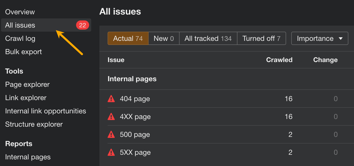 All issues report in Site Audit