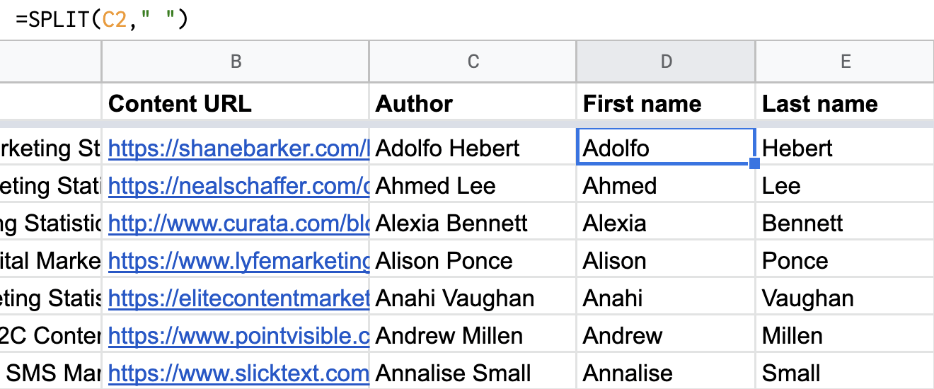 Using the =SPLIT() formula in Google Sheets to split author names based on the space between the first and last names