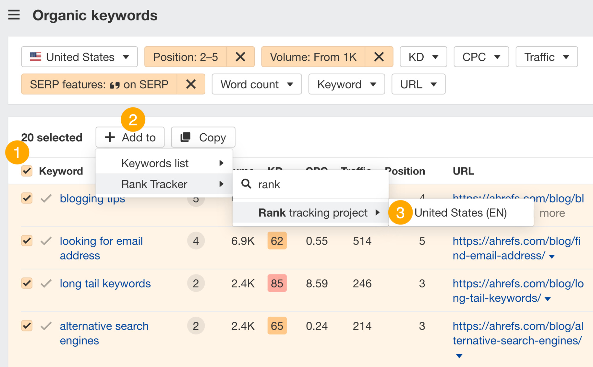 Adding keywords triggering featured snippets to Ahrefs' Rank Tracker