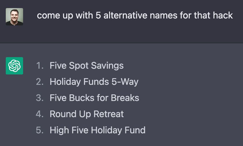 ChatGPT's alternative names for my budgeting hack