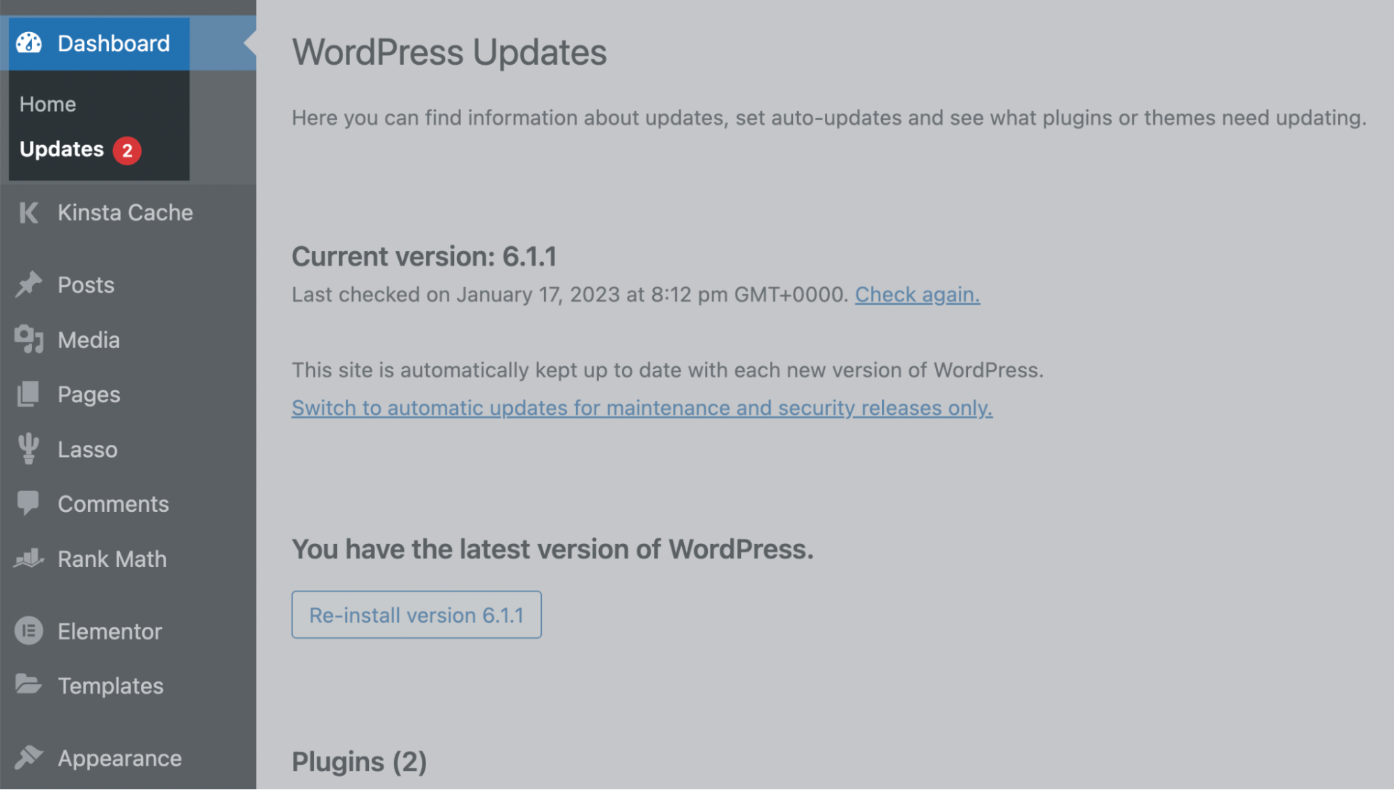 WordPress updates dashboard
