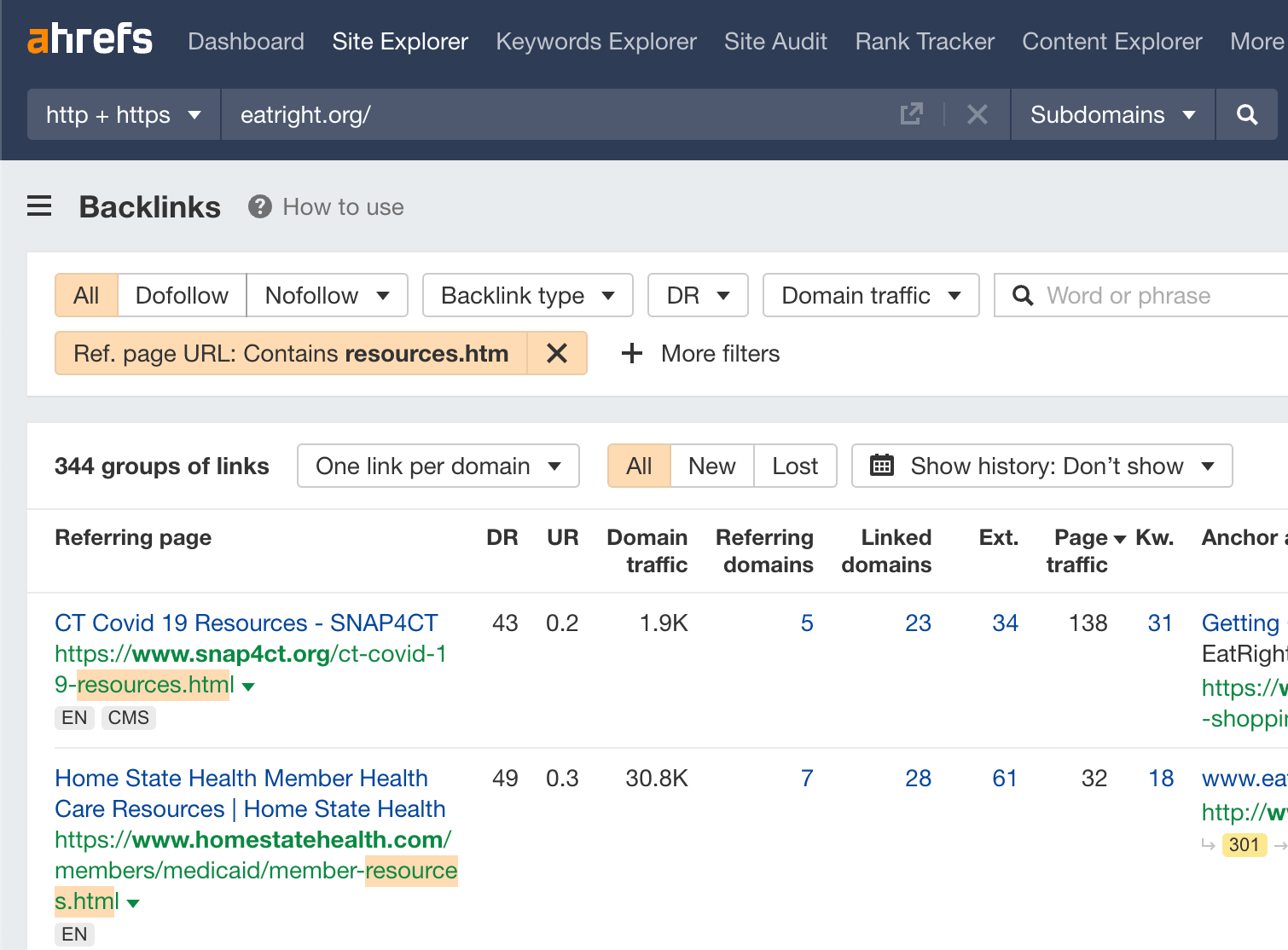 Finding resource pages in Ahrefs' Site Explorer
