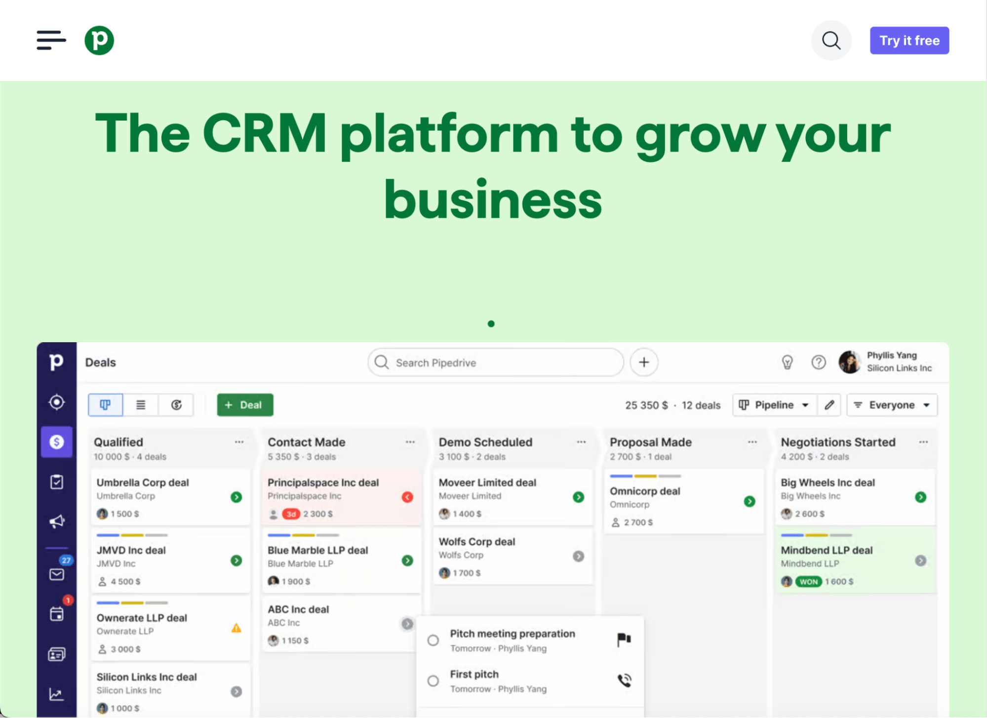 Pipedrive CRM platform homepage 
