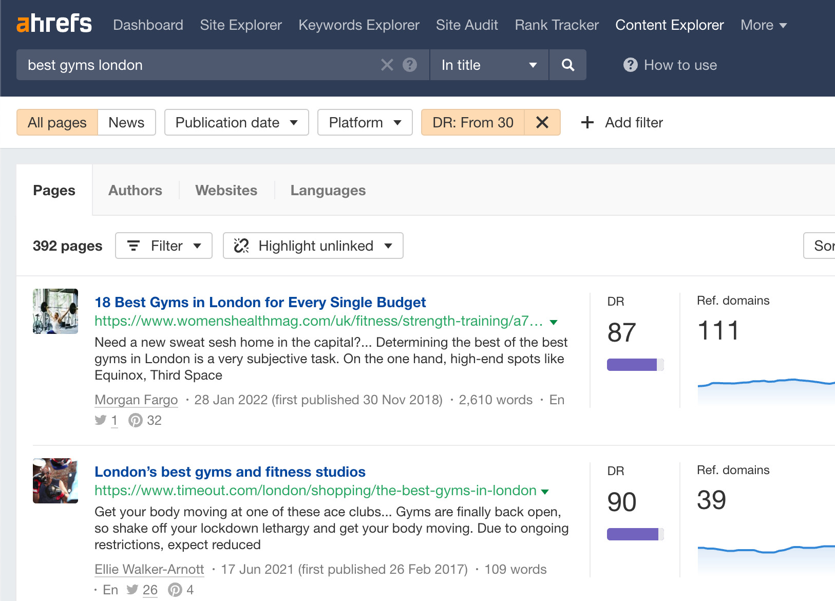 Using Ahrefs' Content Explorer to find pages listing the best gyms in London
