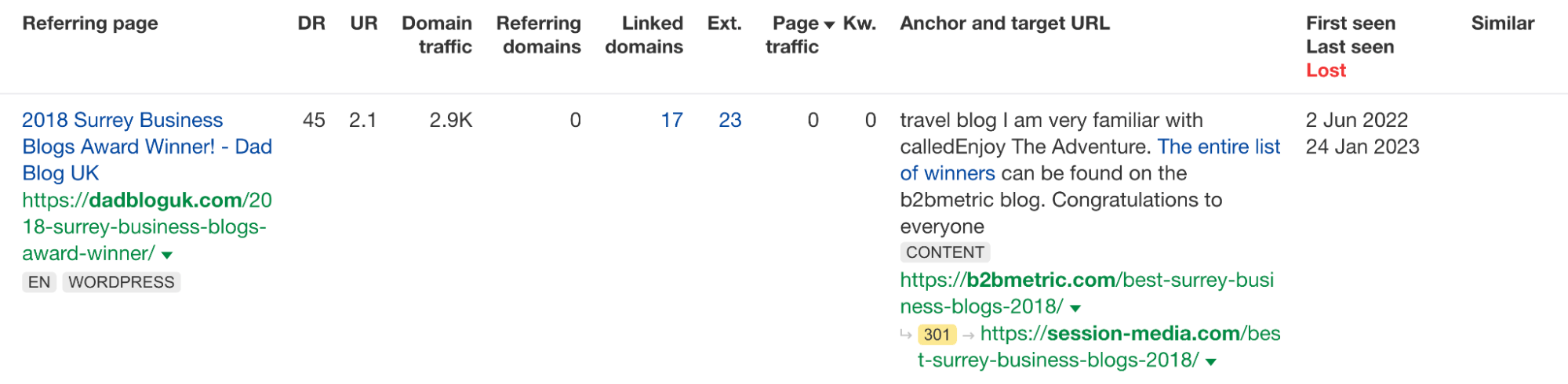 Example of embedded badge link in the Backlinks report, via Ahrefs' Site Explorer