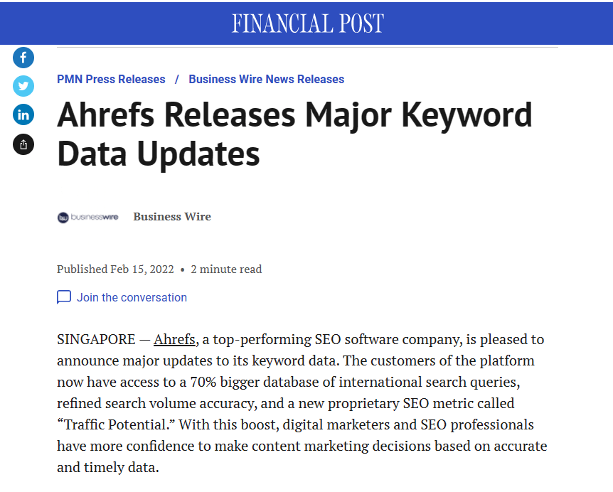 Example of a good press release by Ahrefs