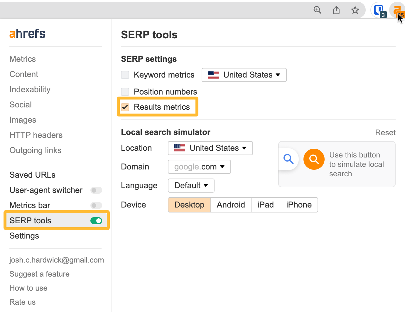 Use these settings for Ahrefs' SEO Toolbar

