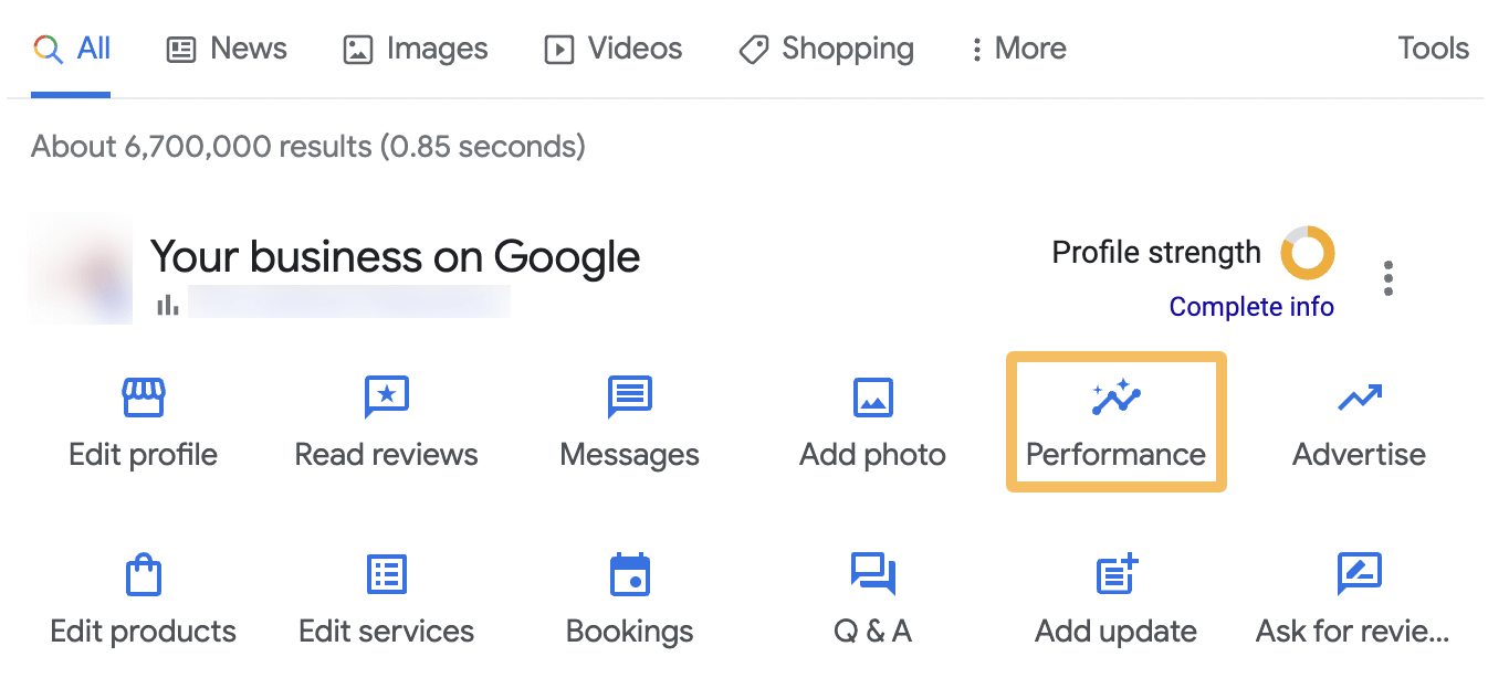 SERP dashboard with "Performance" icon highlighted, via Google Business Profile
