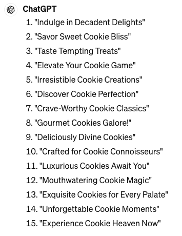 ChatGPT-headlines-for-gourmet-cookie-business 6 ways to use AI for paid search account restructuring