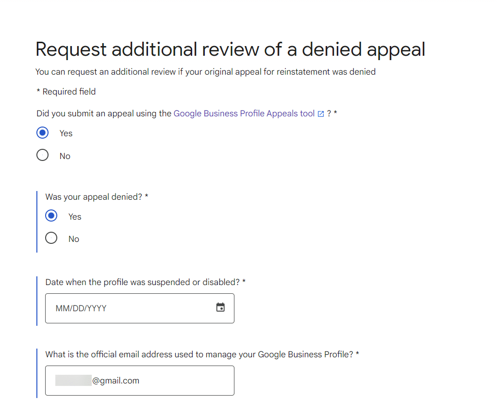 Request-additional-review-of-a-denied-appeal How to reappeal a Google Business Profile suspension