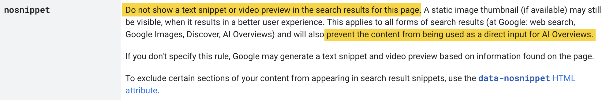 nosnippet-code-explanation-screemshot-via-google The 6 Biggest SEO Challenges You'll Face in 2024