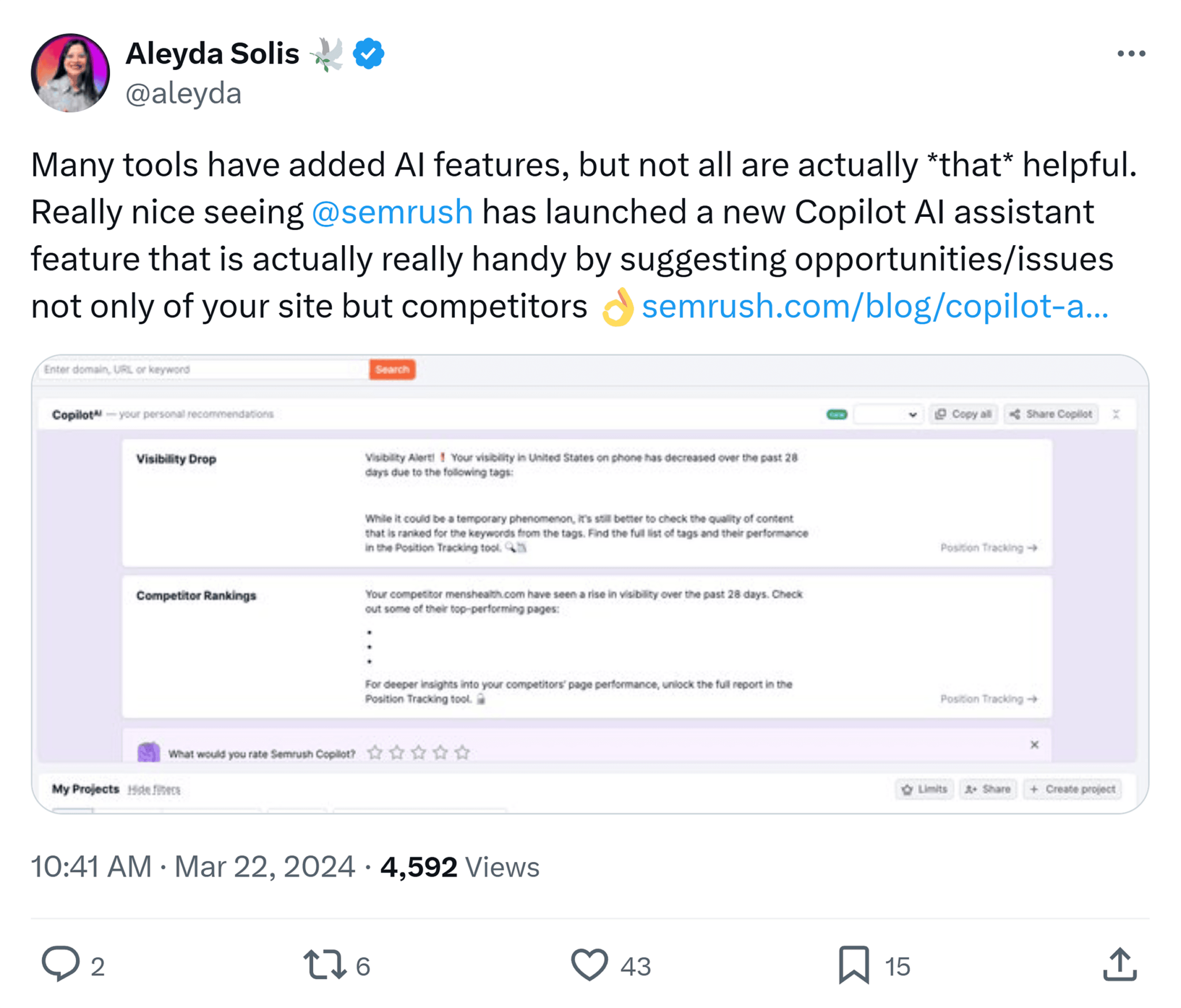 x-aleyda-status 8 Powerful SEO AI Tools and Their Top Features