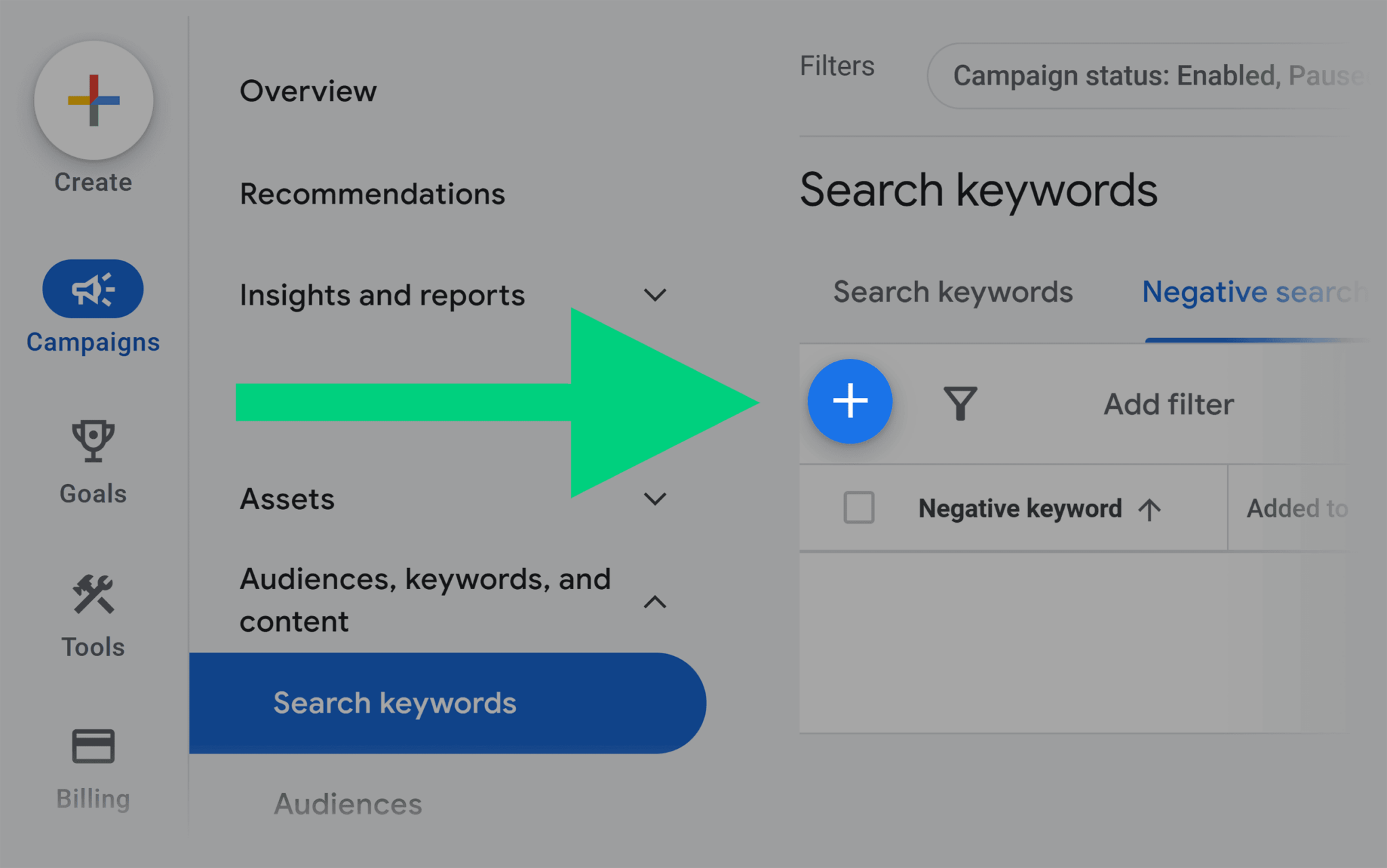 negative-search-keywords-add-keywords-button How to Use Keyword Match Types in Google Ads