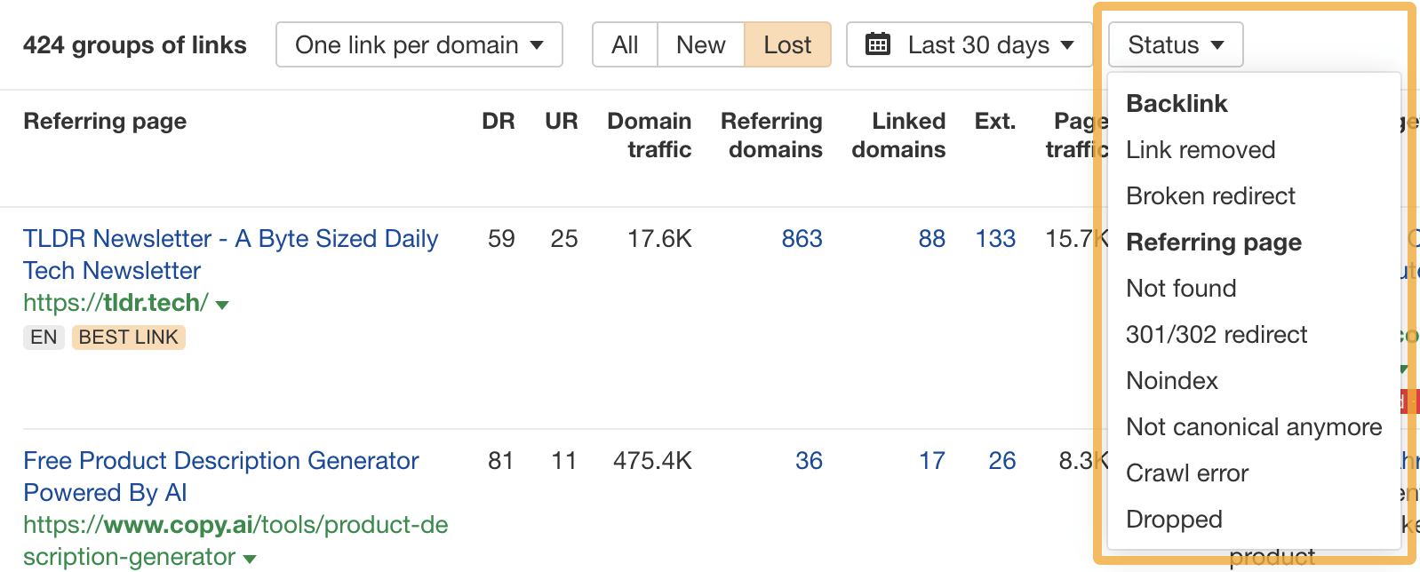 filters-for-link-loss-reasons Link Reclamation: How to Easily Find (and Reclaim) Lost Backlinks