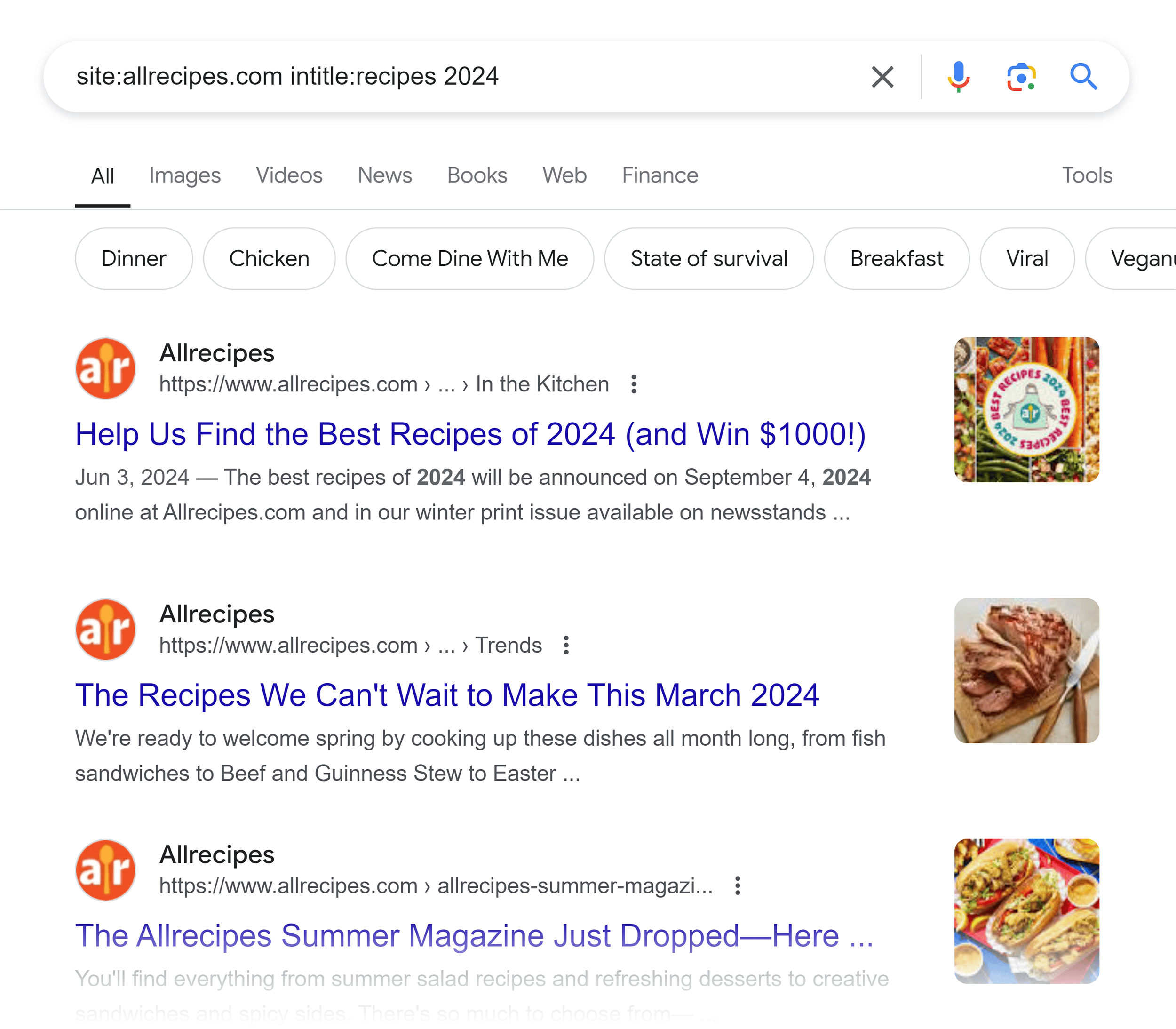 google-serp-site-allrecipes-intitle-recipes-2024 5 Ways to Search a Website for Keywords (+ Examples)