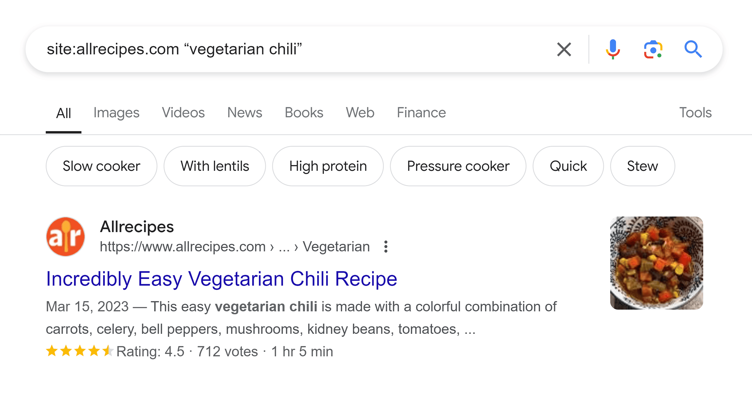 google-serp-site-allrecipes-vegetarian-chili 5 Ways to Search a Website for Keywords (+ Examples)