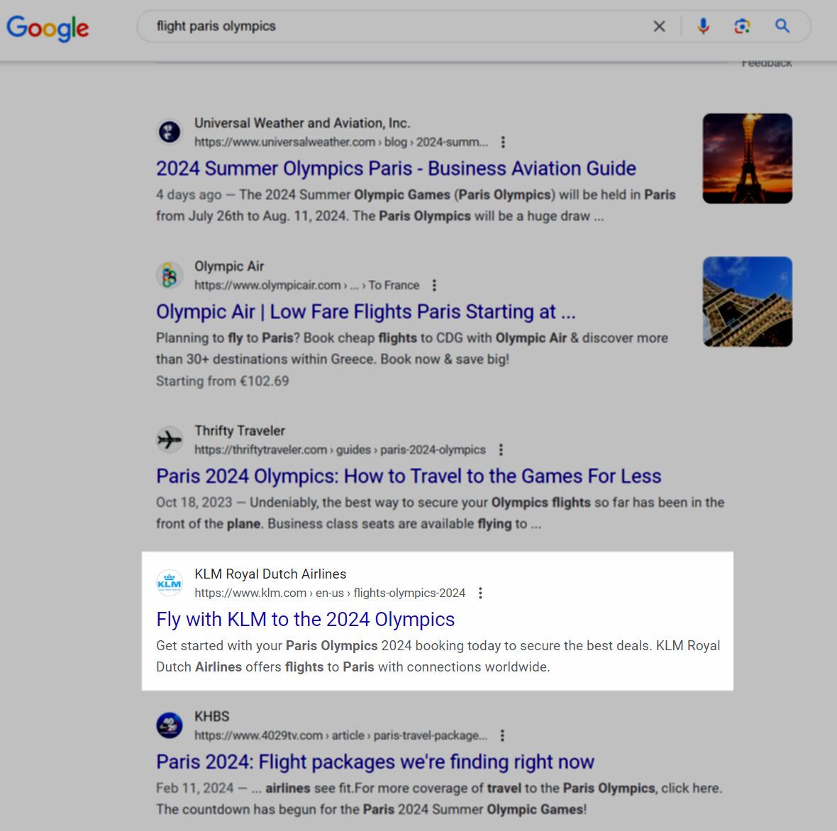 only-klm-ranked-for-flight-paris-olympics Travel SEO: 8 Strategies From Actual Travel Publishers and SEOs