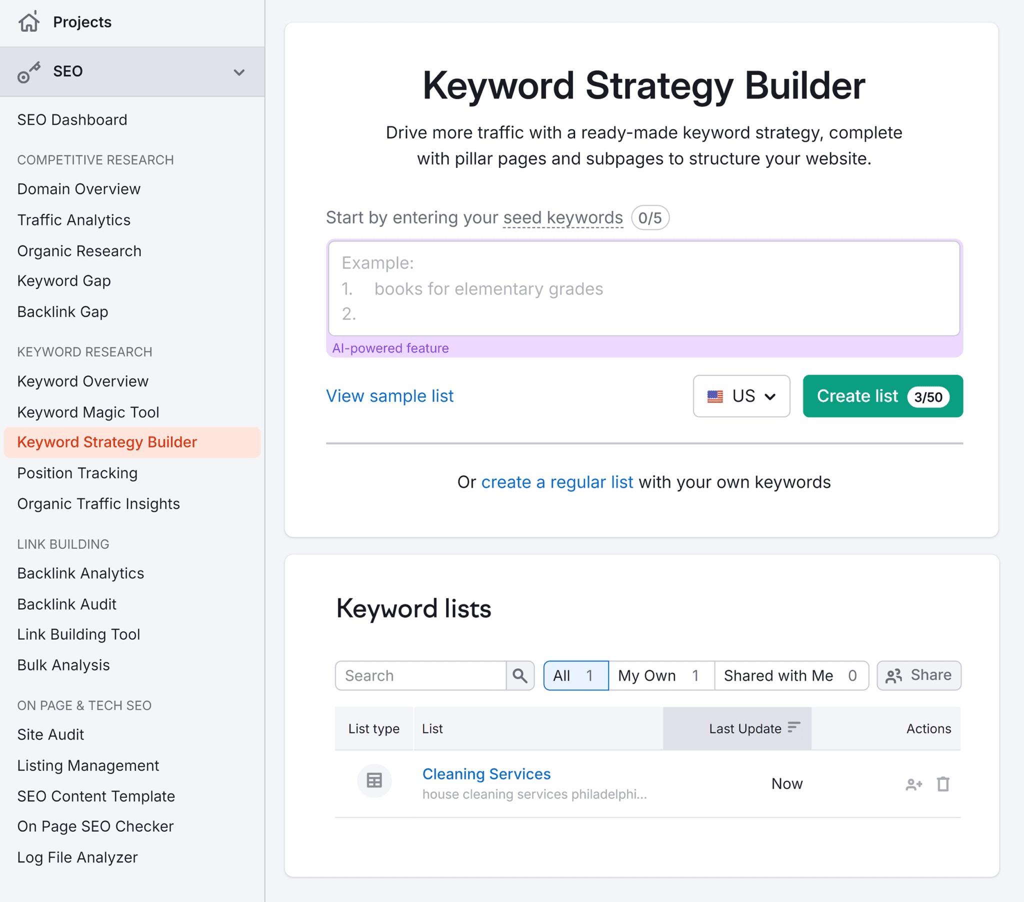 semrush-keyword-strategy-builder-keyword-list 5 Ways to Search a Website for Keywords (+ Examples)