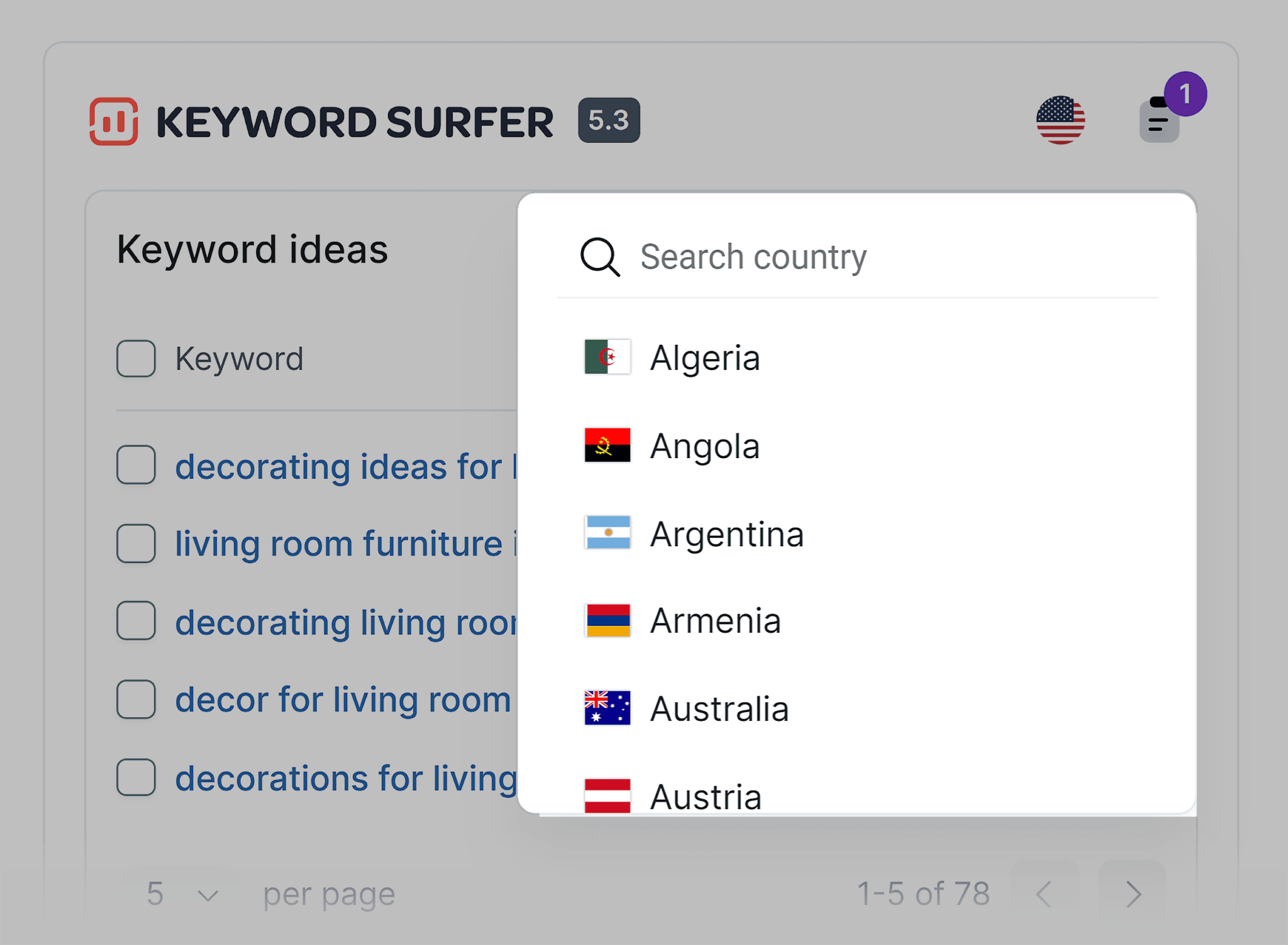 keyword-surfer-country-select 9 Best Chrome Extensions for SEO: Our Top Picks