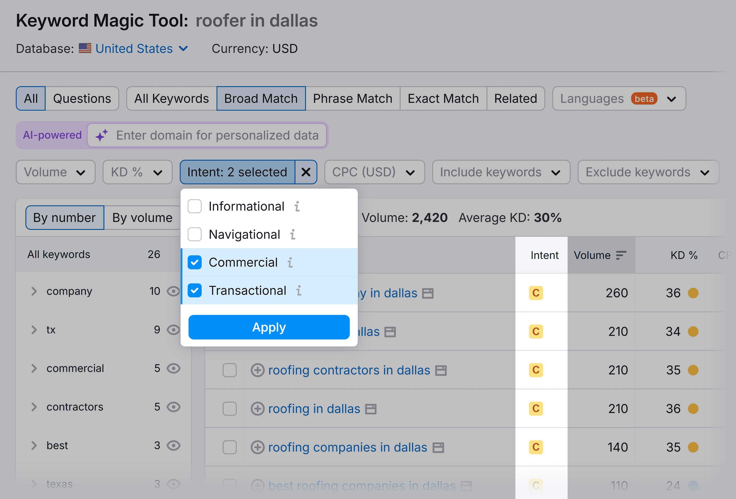 keyword-magic-tool-roofer-in-dallas-intent-filter SEO For Roofers: 6-Step Guide to Attract More Leads