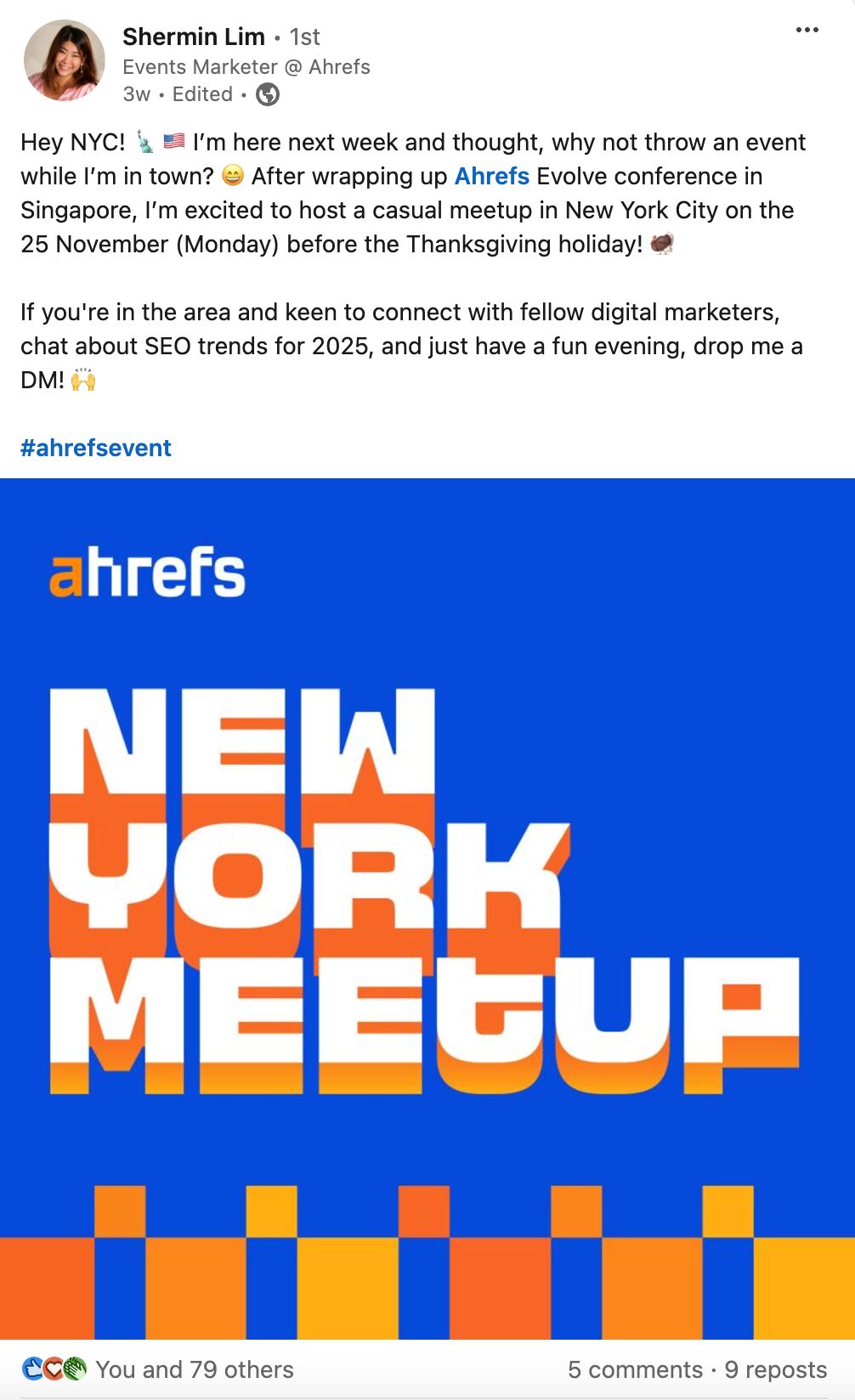 shermin-posting-about-a-nyc-seo-meetup-on-linkedin Event Marketing: The Ultimate Guide That Cost $400k to Make