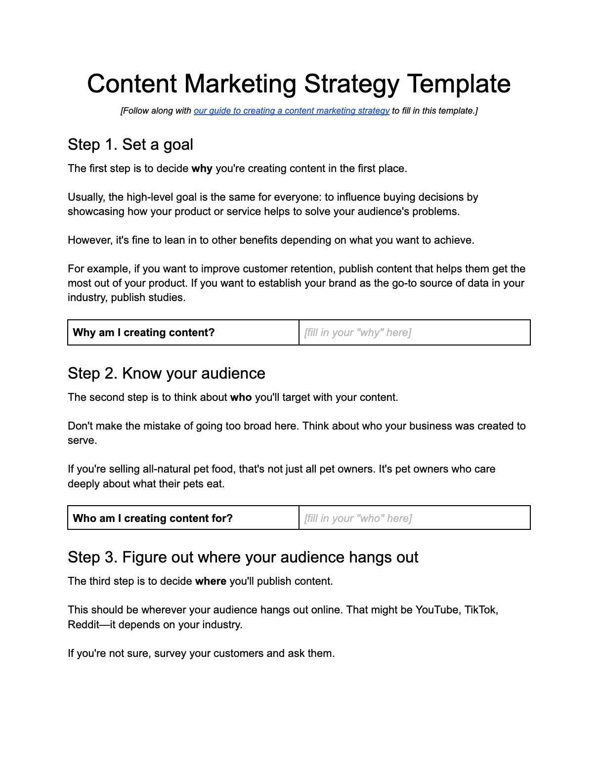 A content marketing Google Docs template as laid out by ahrefs